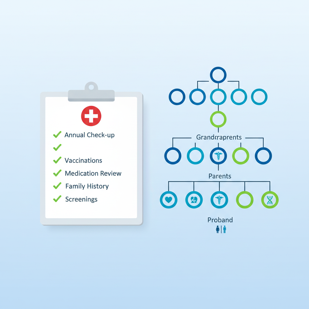 illustration of a medical checklist and a family tree, flat vector design, clean