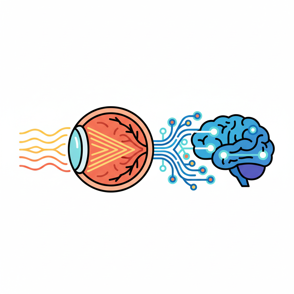 vector diagram of an eye receiving light waves, stylized retina to brain connection, educational, flat style