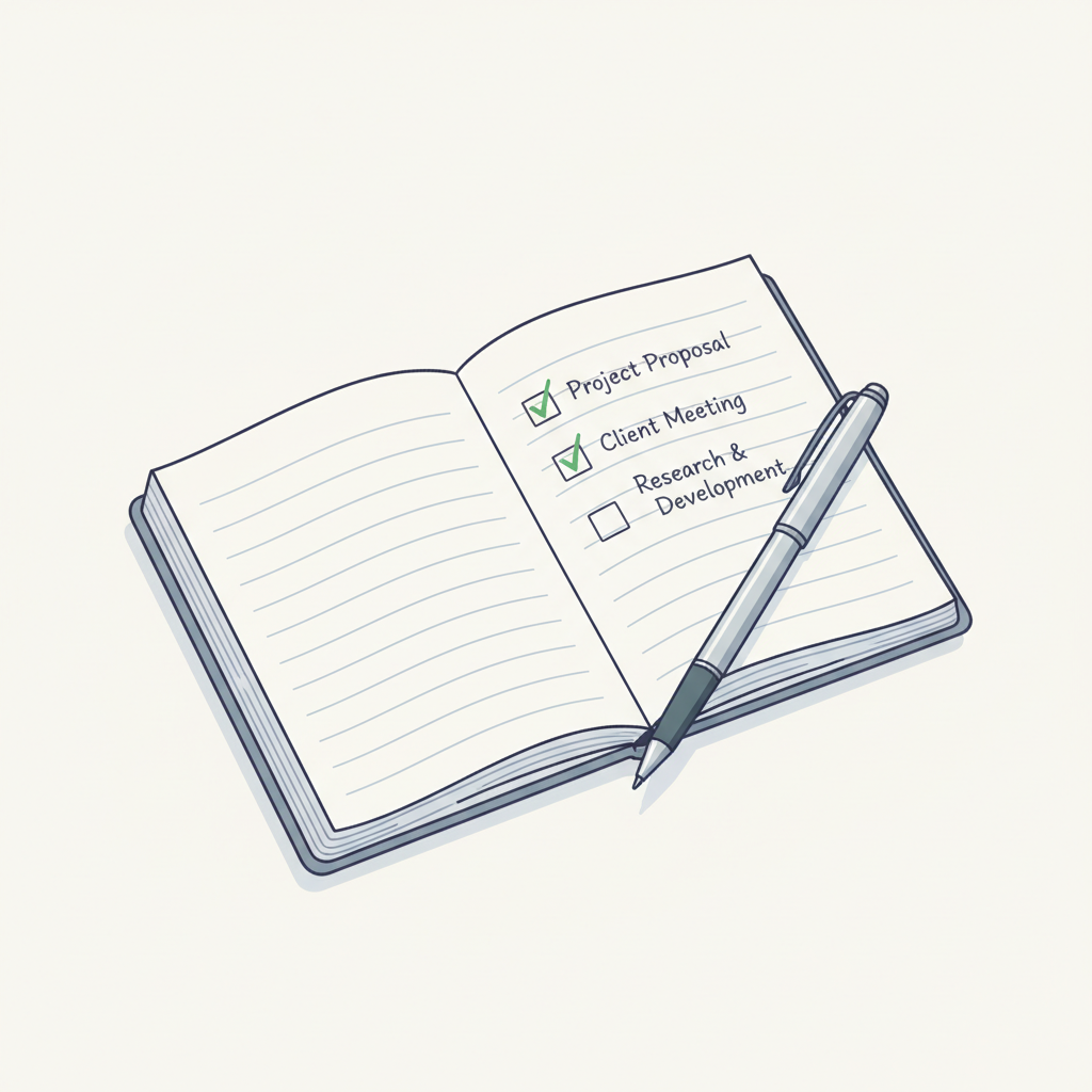 An illustration of a notebook and pen with a checklist, clean and minimal style on a light background
