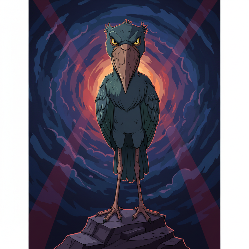Shoebill stork staring intensely, cartoon style, dramatic lighting