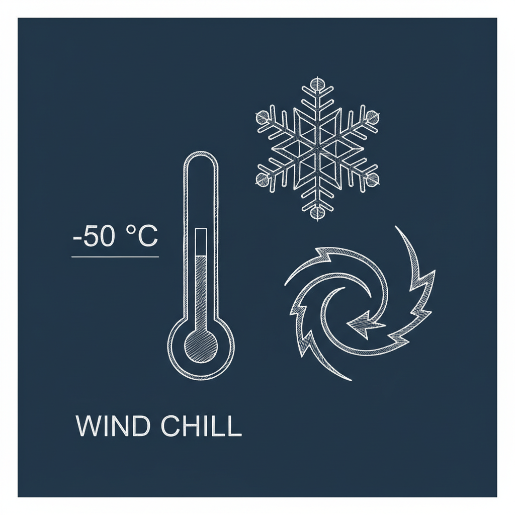 engineering schematic weather icon set, thermometer showing minus 50 celsius, wind chill, snowflake, blueprint style white on blue background