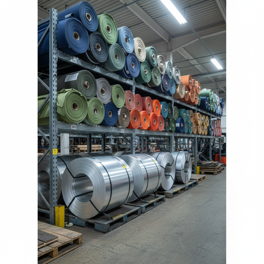 warehouse shelves with rolls of fabric and aluminum coils, industrial photorealistic