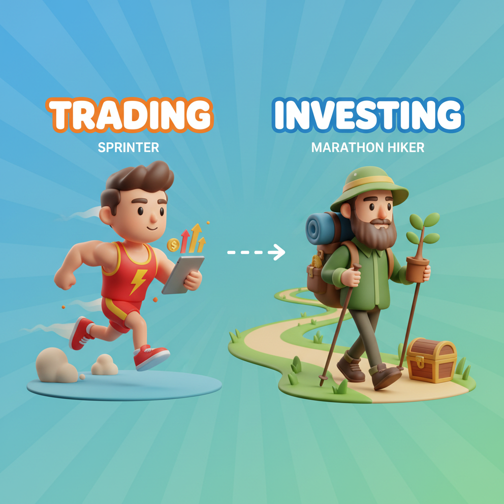 A cute 3D stylized illustration comparing a sprinter runner (trading) versus a marathon hiker (investing), plain background, vibrant colors