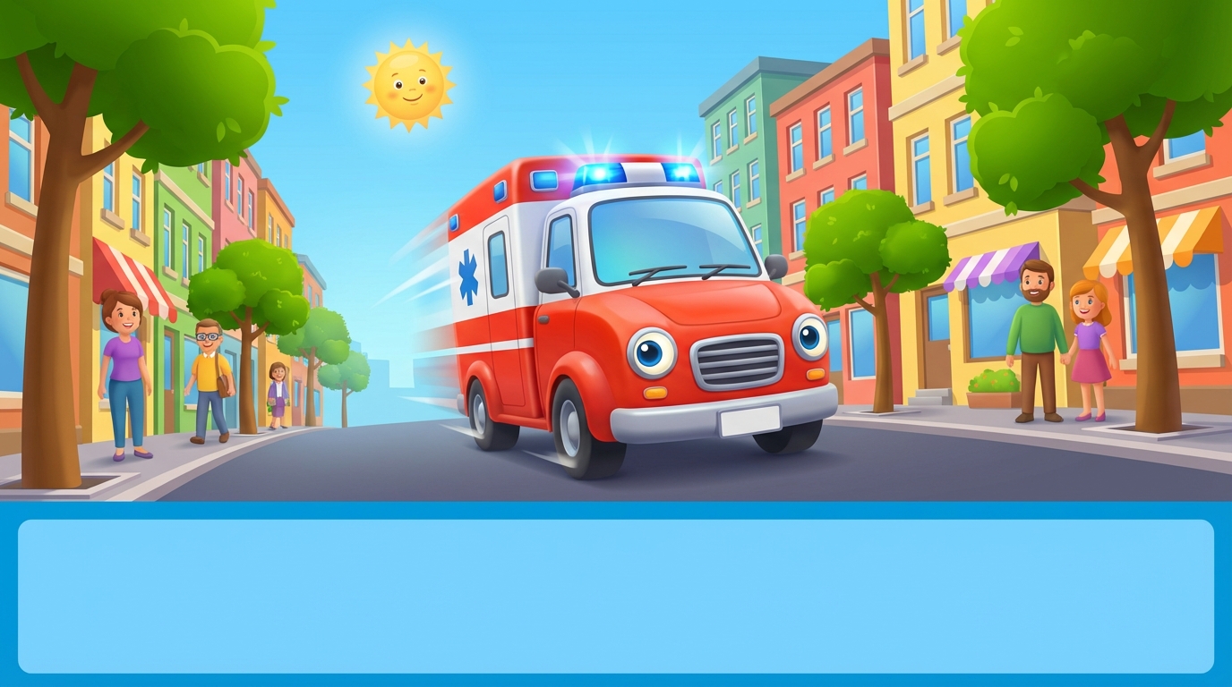 Friendly ambulance character speeding down a street