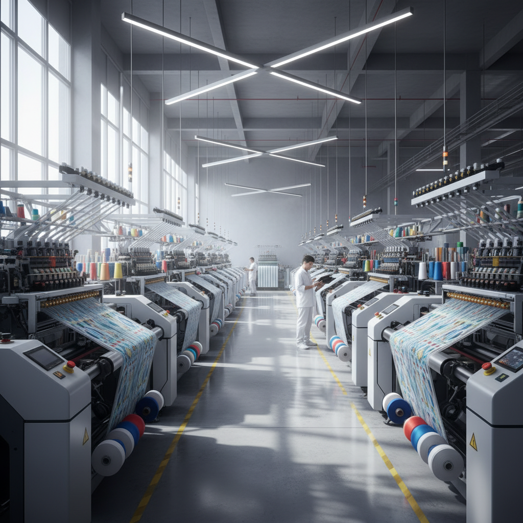 Modern industrial textile factory interior, clean and bright, rows of advanced knitting machinery, cinematic lighting