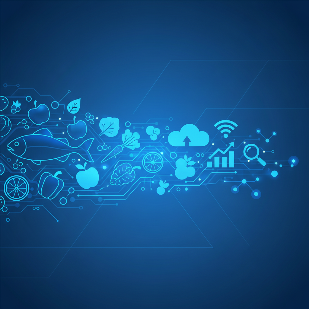 Iconography of fresh food and digital innovation blue style