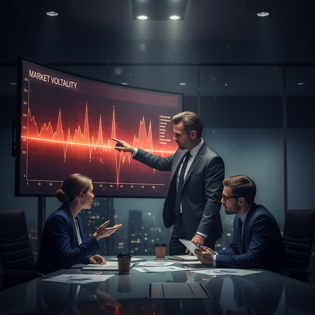 Business executives in a boardroom pointing at a data screen showing market volatility, intense discussion, cinematic lighting
