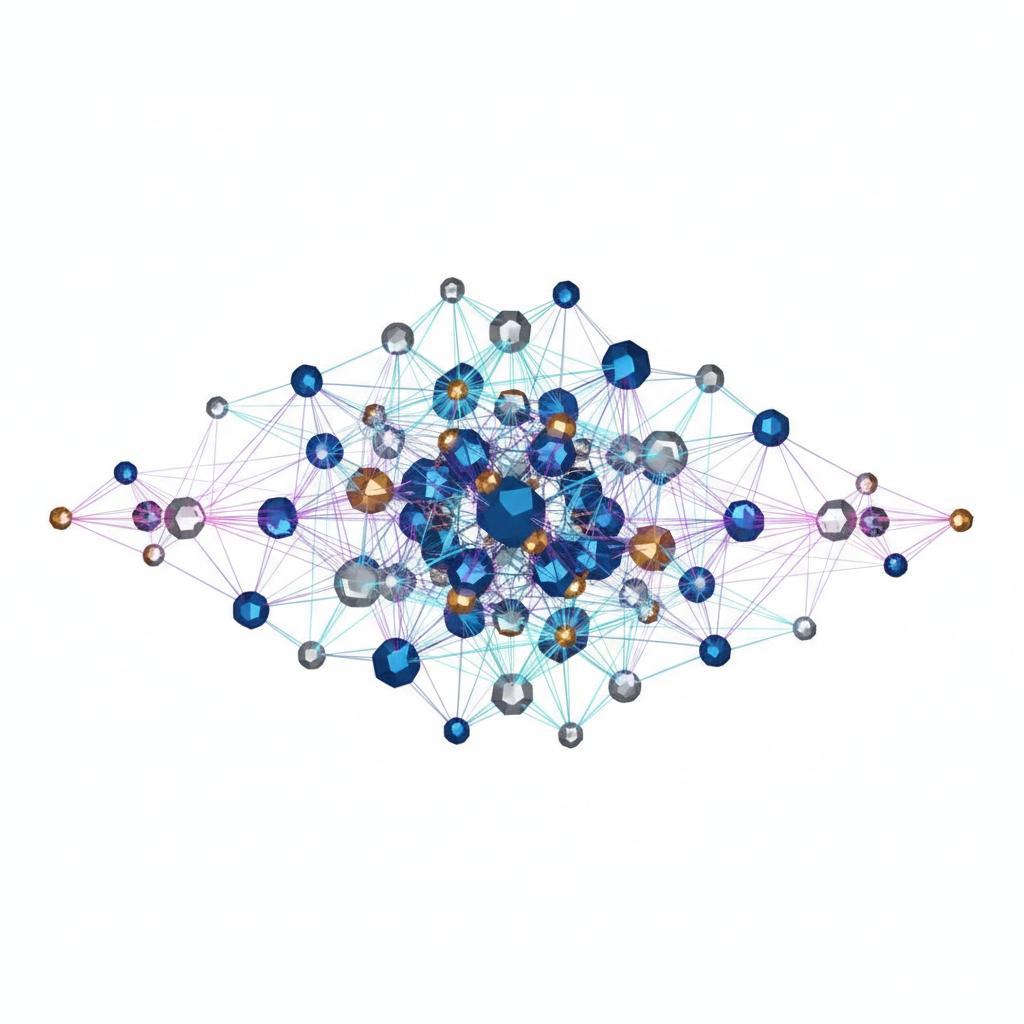 abstract geometric diagram of nodes connecting together to form a strong network, representing cohesion, white background