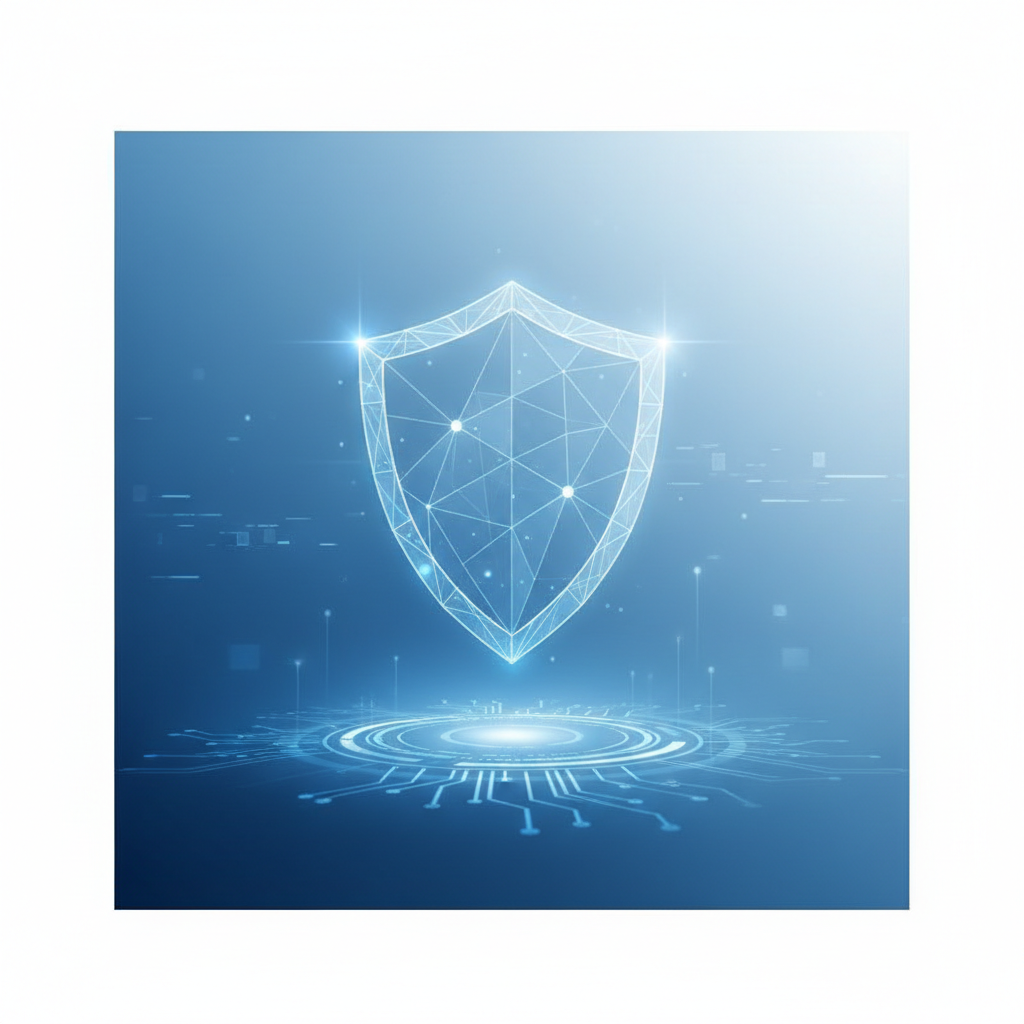 glowing digital shield icon floating in center, blue and white clean tech style