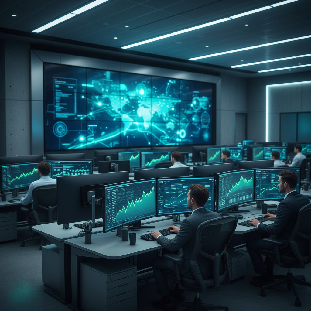 modern high tech Network Operations Center (NOC) room with large screens showing positive green graphs, blurry background, professional atmosphere