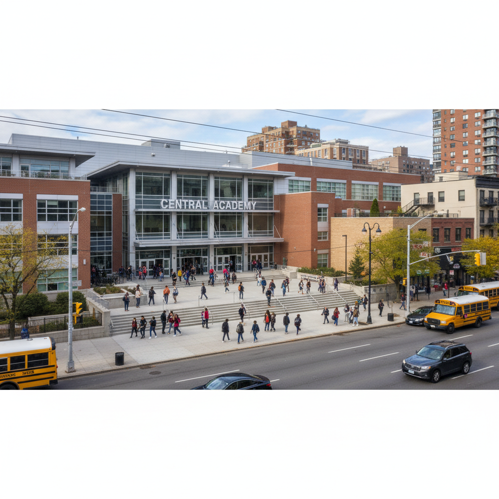 busy urban high school exterior city setting