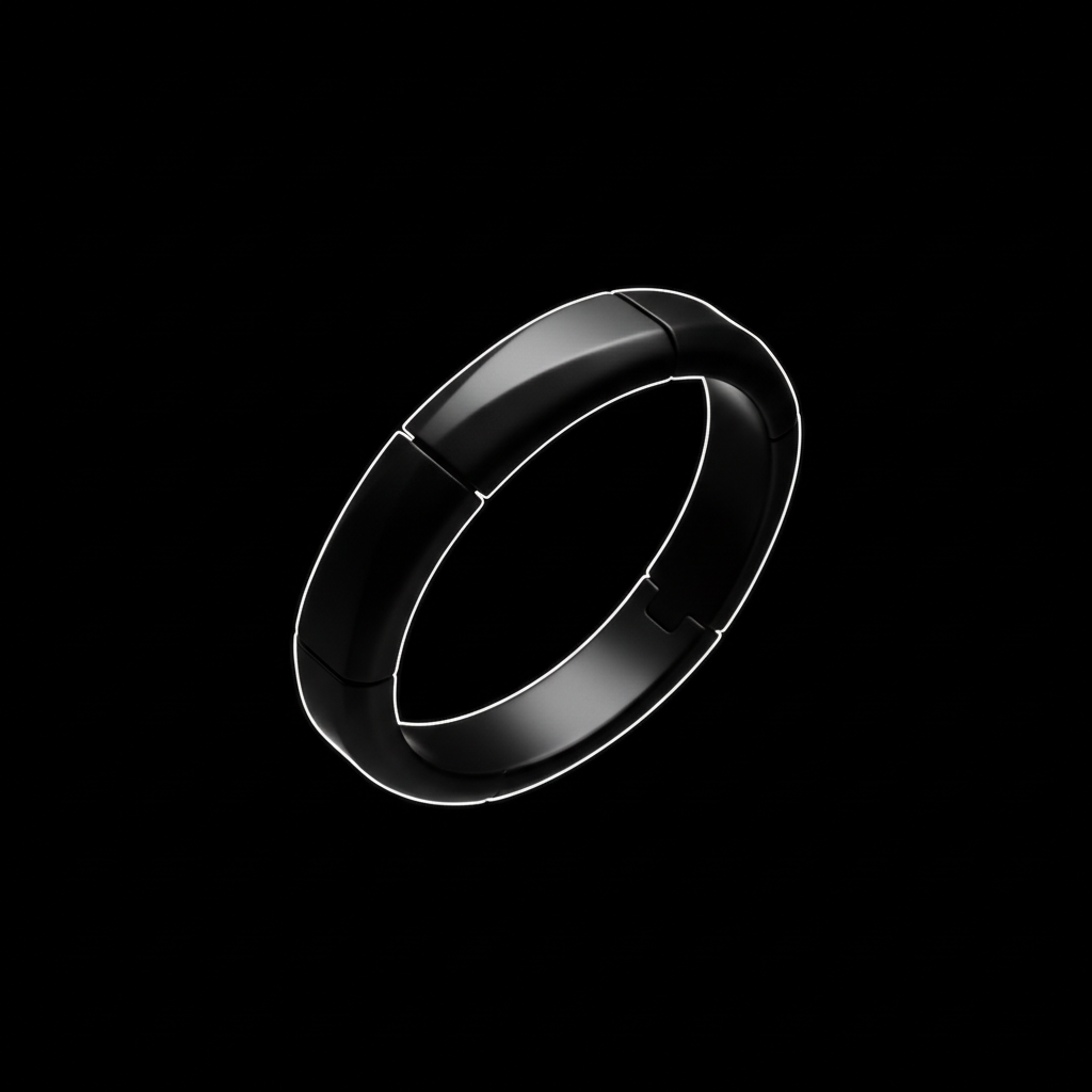 Studio shot of a futuristic minimalist black bracelet floating in void, dramatic rim lighting, product photography, sleek matte finish, black and white