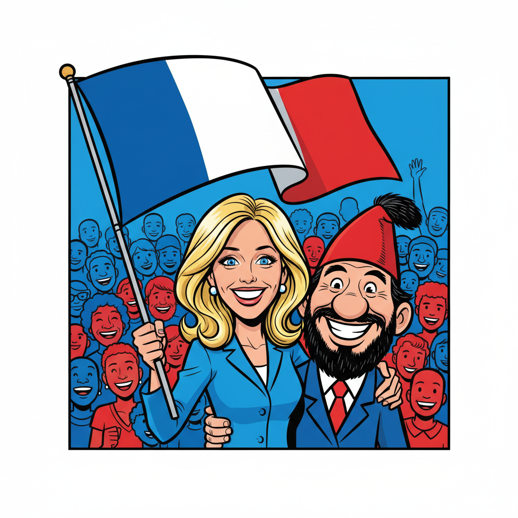 Satirical comic book style. Frontal view. The blonde peasant woman (Brigitte caricature) smiling proudly, holding a French tricolor flag. A man next to her wearing a red Phrygian cap. Blurred happy crowd in background. Bright, patriotic colors (Blue, White, Red).