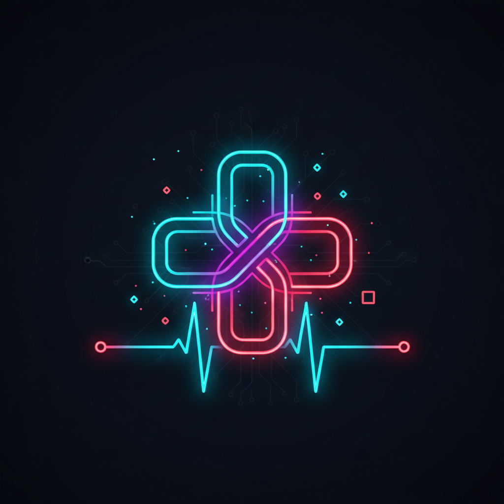 glowing neon medical cross icon, digital health concept, cyan and red on dark background