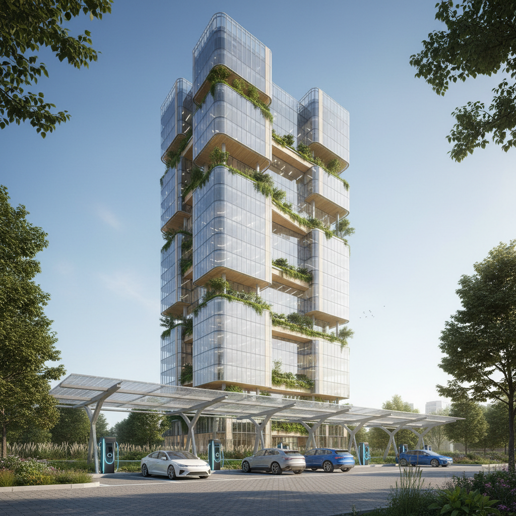 Modern eco-friendly corporate headquarters building with electric car chargers in front, bright architecture, glass and greenery