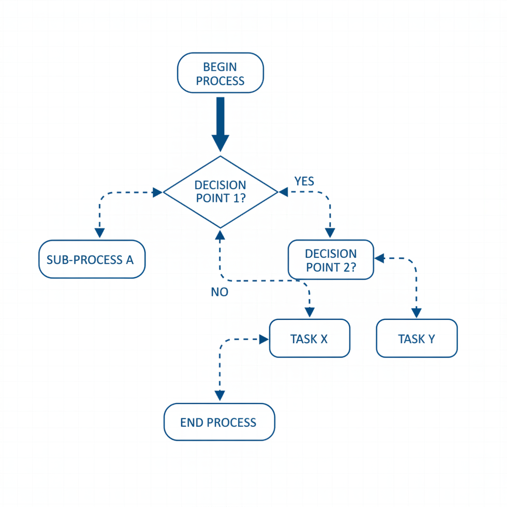 logical flow chart structure blueprint, clean pedagogical design, white background