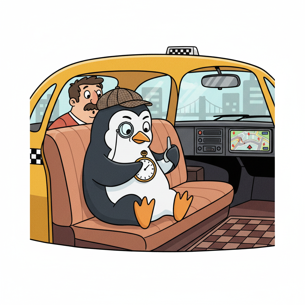 Funny illustration of a penguin sitting in the back of a yellow taxi cab looking at a watch