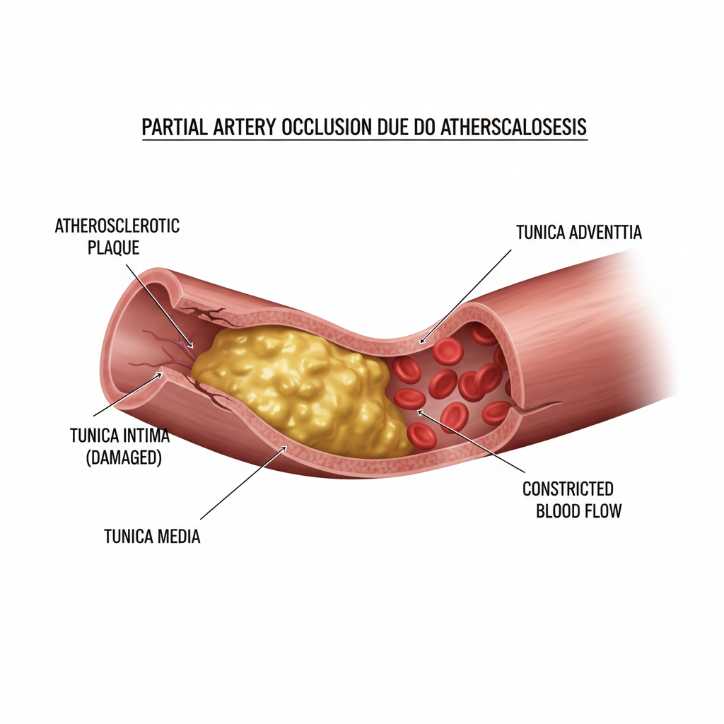 3D cross-section illustration of an artery being clogged by yellow plaque, medical education style, clear labels, white background