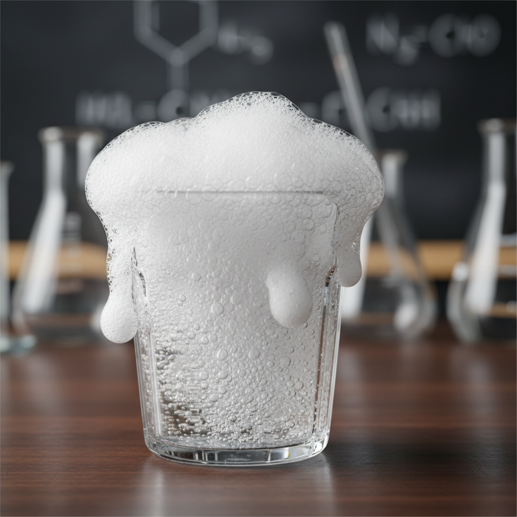 baking soda and vinegar reaction creating foam and bubbles in a glass cup, close up science experiment