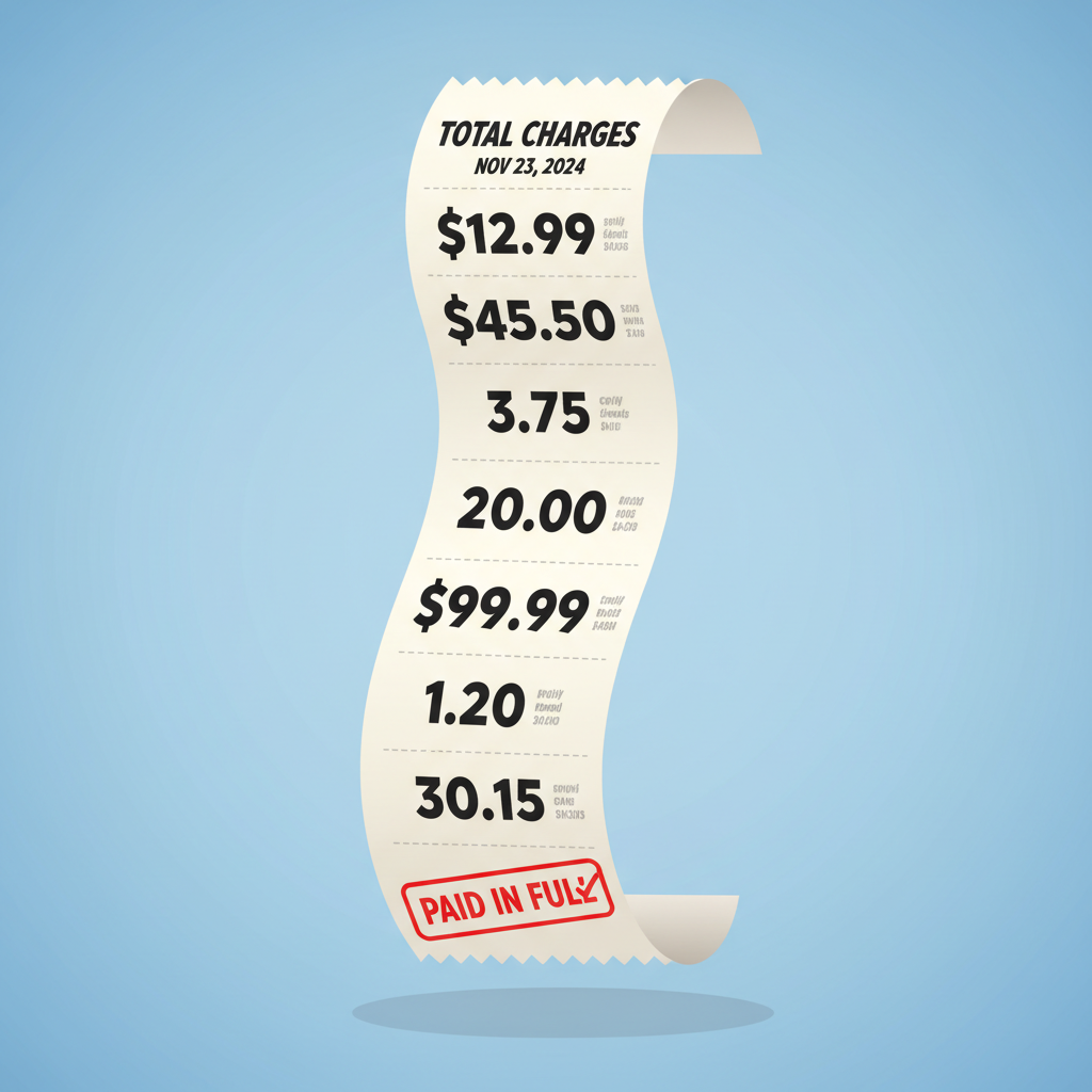 cartoon illustration of a long paper receipt with prices on it, floating in the air
