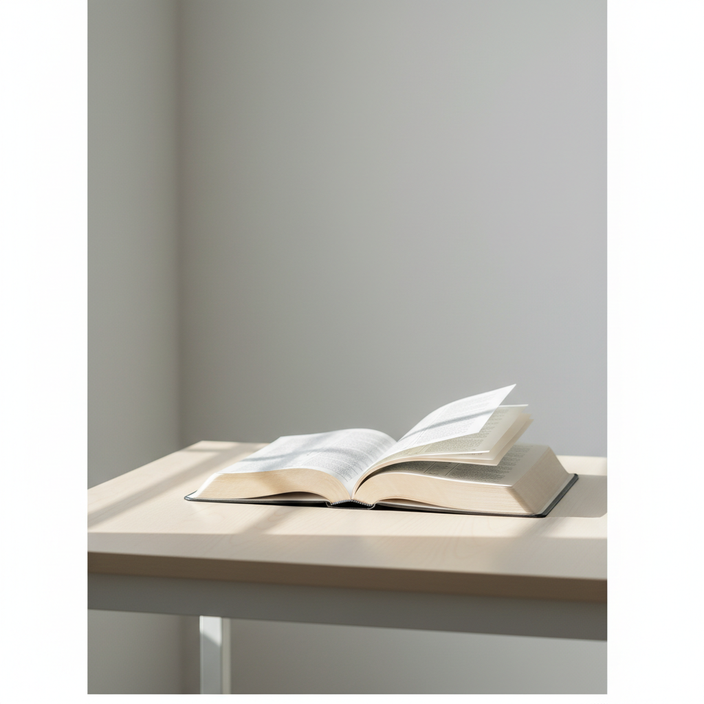 minimalist bright scene, open bible on a simple wooden table with soft morning natural sunlight, serenity, clean composition, white and light grey tones