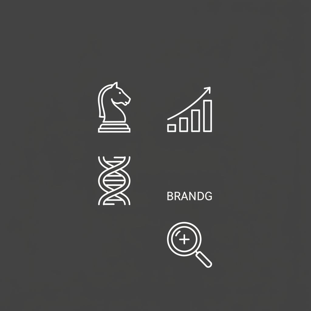 Minimalist business icons set arranged neatly: strategy chess piece, sales growth graph, dna helix for branding, magnifying glass for data. White lines on dark grey background, clean vector style, high quality.