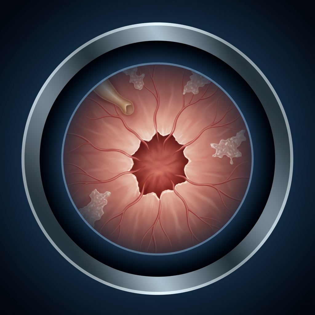 Medical illustration of eardrum perforation view through otoscope, hole in membrane