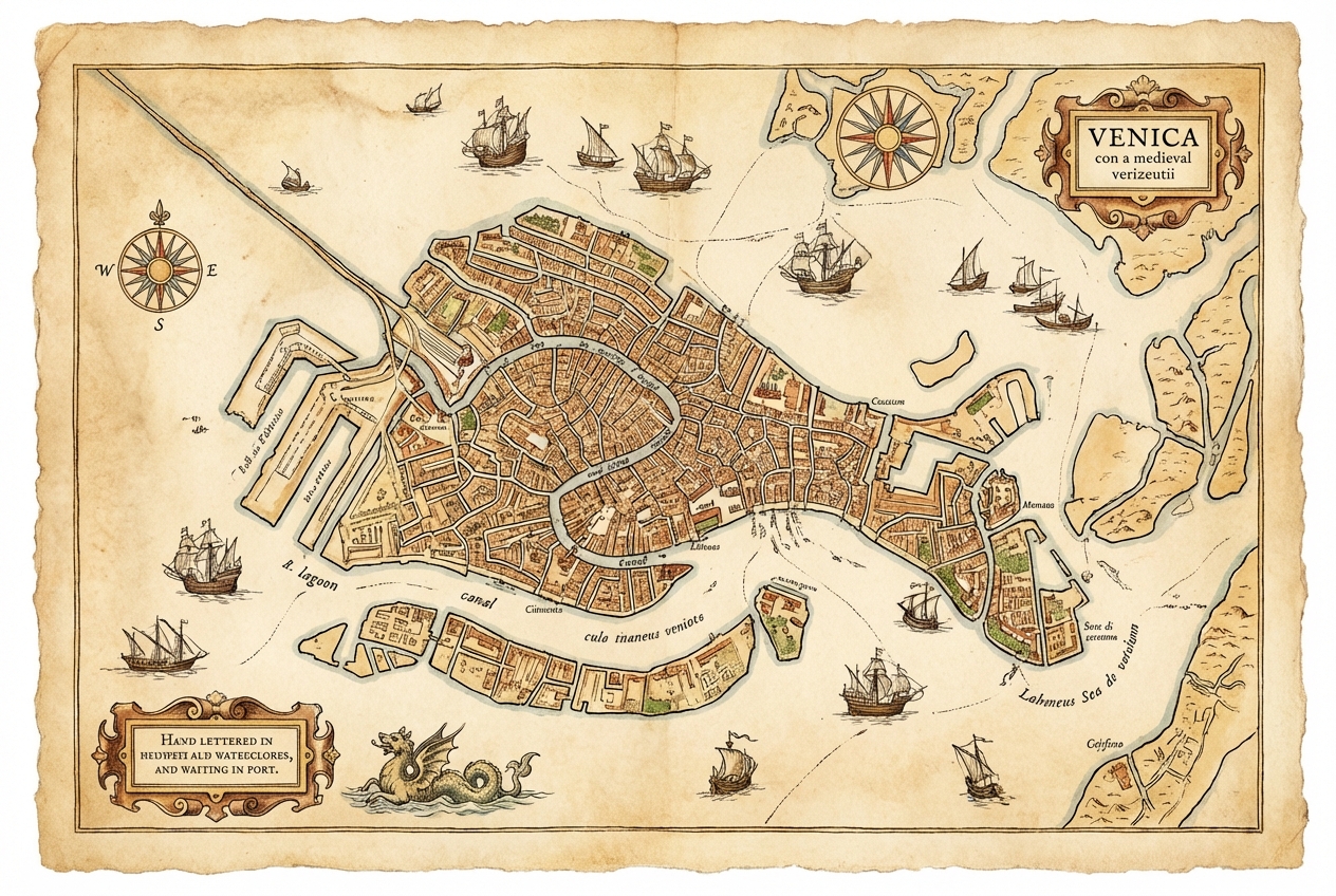 Medieval map of Venice or a port city with ships waiting offshore, parchment style