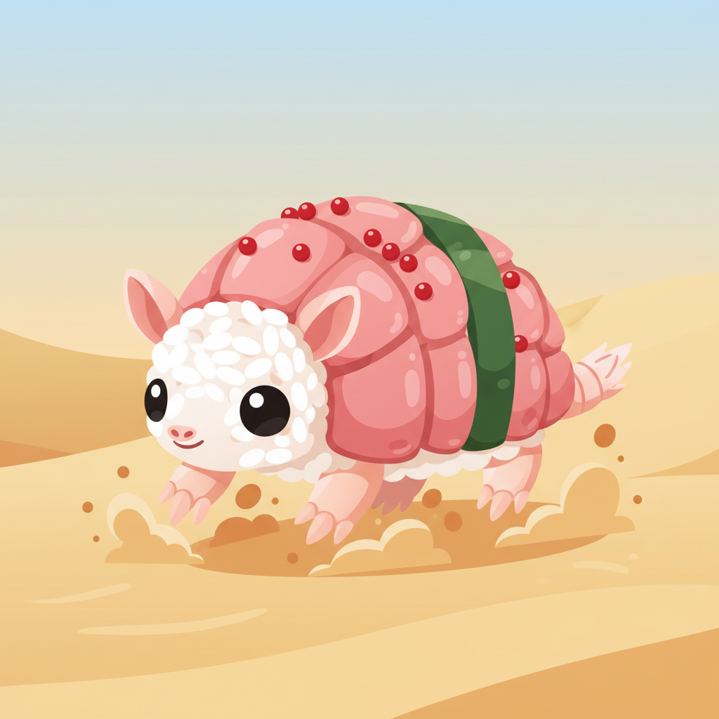 Illustration of a Pink Fairy Armadillo which looks like a sushi roll with legs, digging in sand, cute vector style