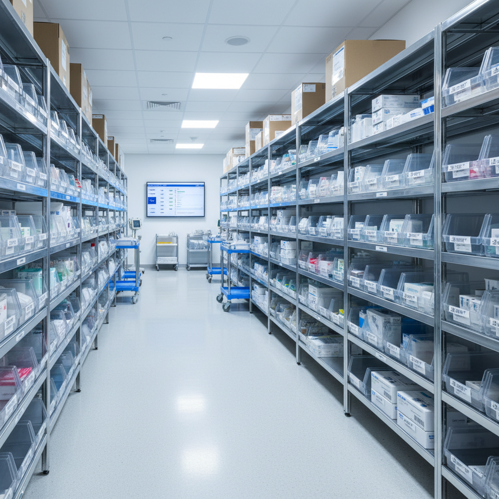 hospital logistics supply room with organized shelves, boxes, modern clean look