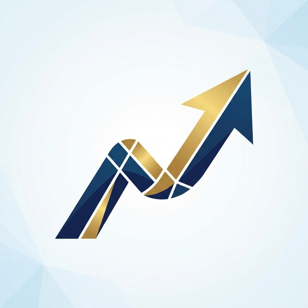 Upward trending arrow graphic, minimalist, professional business style, blue and gold