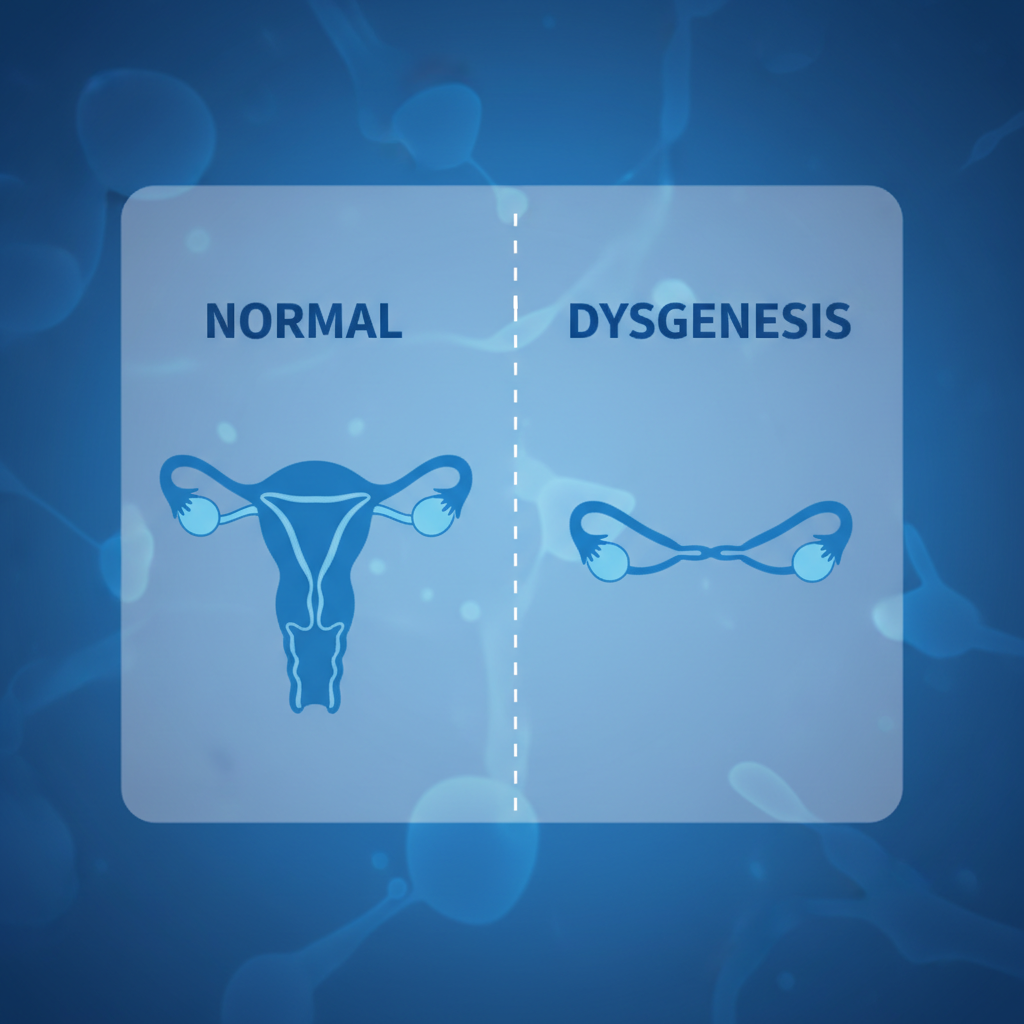 Medical diagram comparing 'Normal' vs 'Dysgenesis' of Müllerian ducts. Left side: Normal fusion of ducts to form uterus. Right side: Failure of fusion, showing two rudimentary buds or fibrous bands instead of a uterus. Coronal view. Clean schematic, blue tones.