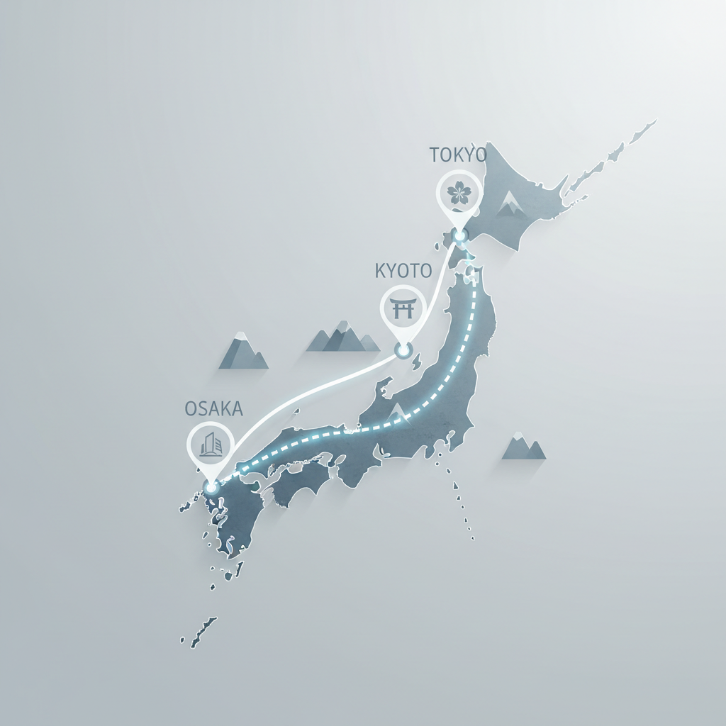 Stylized map of Japan highlighting route from Tokyo to Kyoto to Osaka, modern minimalism style