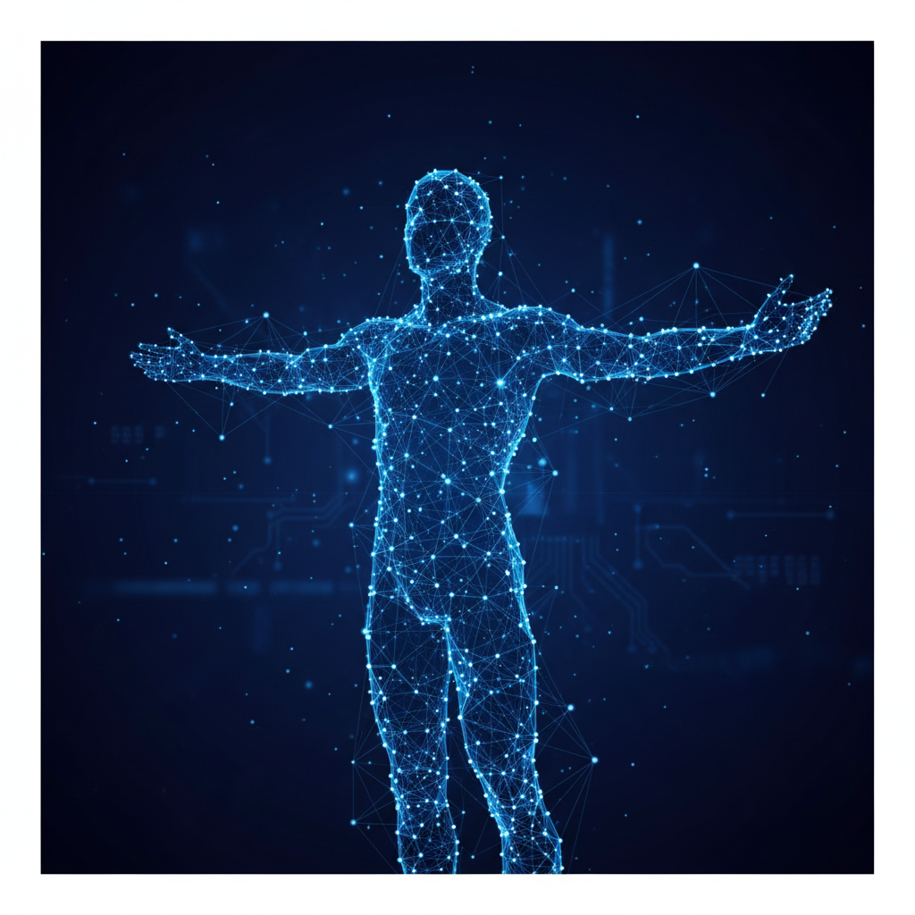abstract digital visualization of specific dots connecting to form a human silhouette, glowing blue lines, dark background, technological concept art