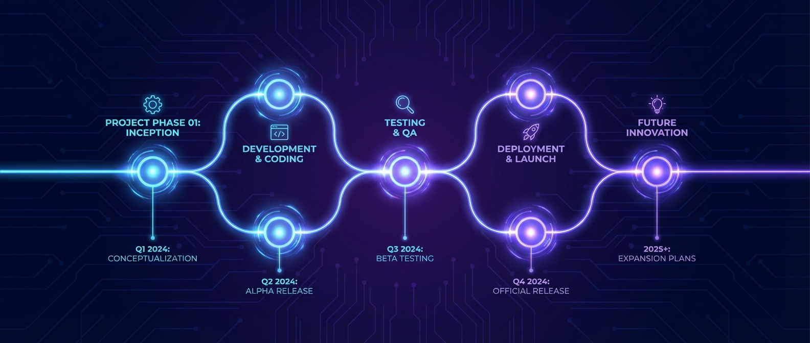 timeline infographic style graphic, glowing nodes connected by a line, dark futuristic style