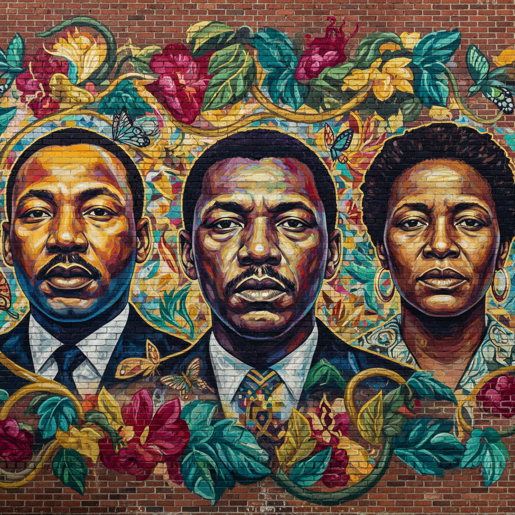 Detailed mural on a brick wall featuring portraits of Martin Luther King Jr, Malcolm X, and Harriet Tubman, colorful faces, vines, beautiful art style, photorealistic view of the painted wall
