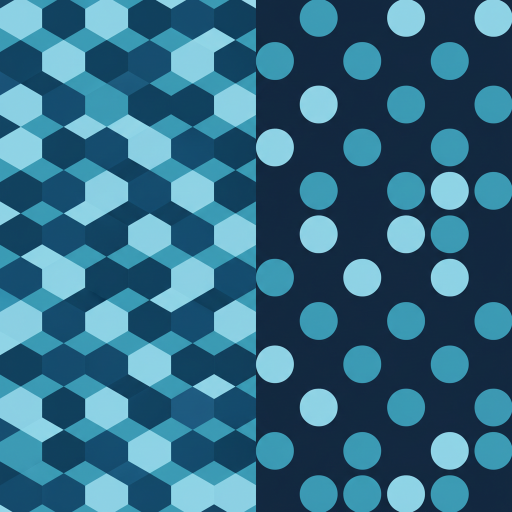 geometric vector pattern showing hexagons fitting perfectly vs circles with gaps, visual comparison, flat style, dark blue background
