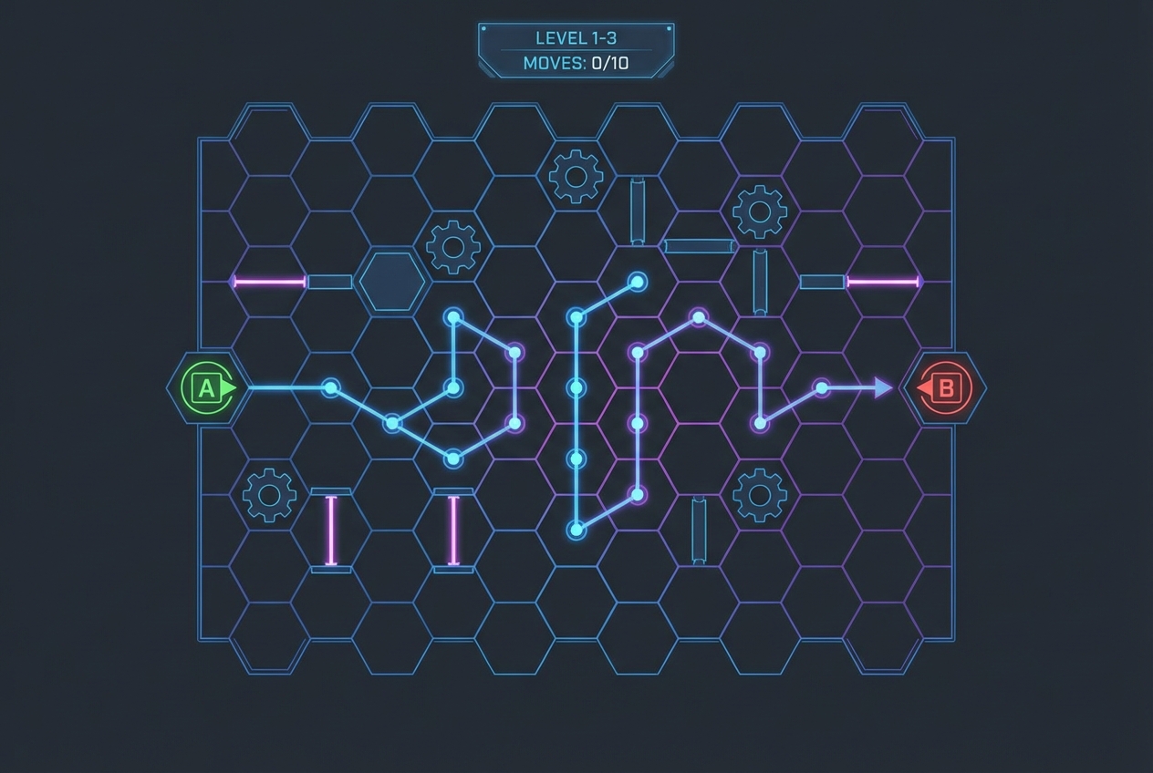 Top-down schematic view of a puzzle game grid, start point A, end point B, obstacles in between, minimal UI overlay, dark mode