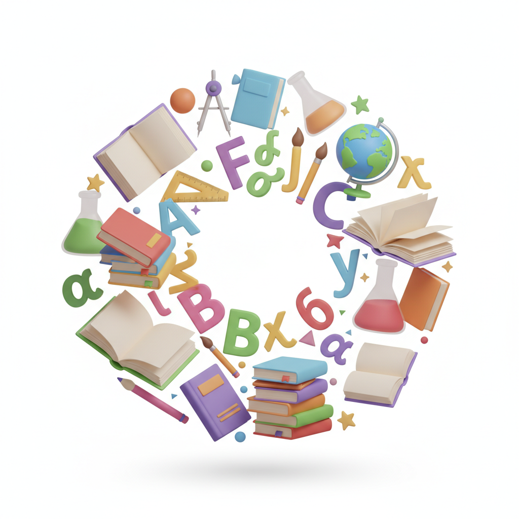 bright colorful 3D illustration of school supplies, books, and letters floating, educational theme, clean background
