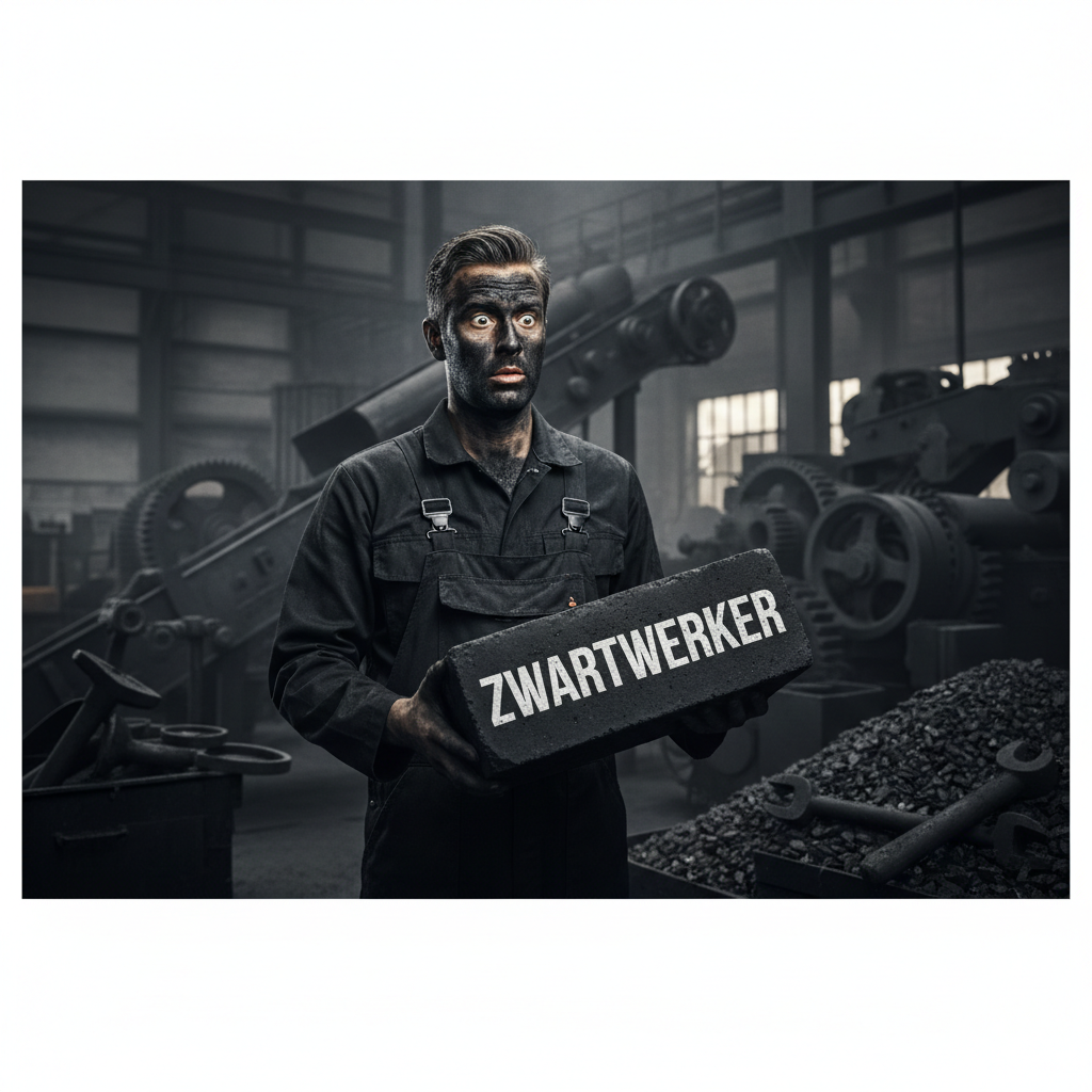 A realistic photo-style image of a factory worker wearing black overalls in a factory setting, representing an AI misunderstanding of the word 'Zwartwerker'