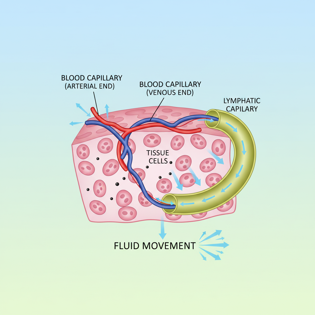 Scientific schematic illustration showing the relationship between blood capillaries, tissue cells, and lymphatic capillaries, with arrows indicating fluid movement