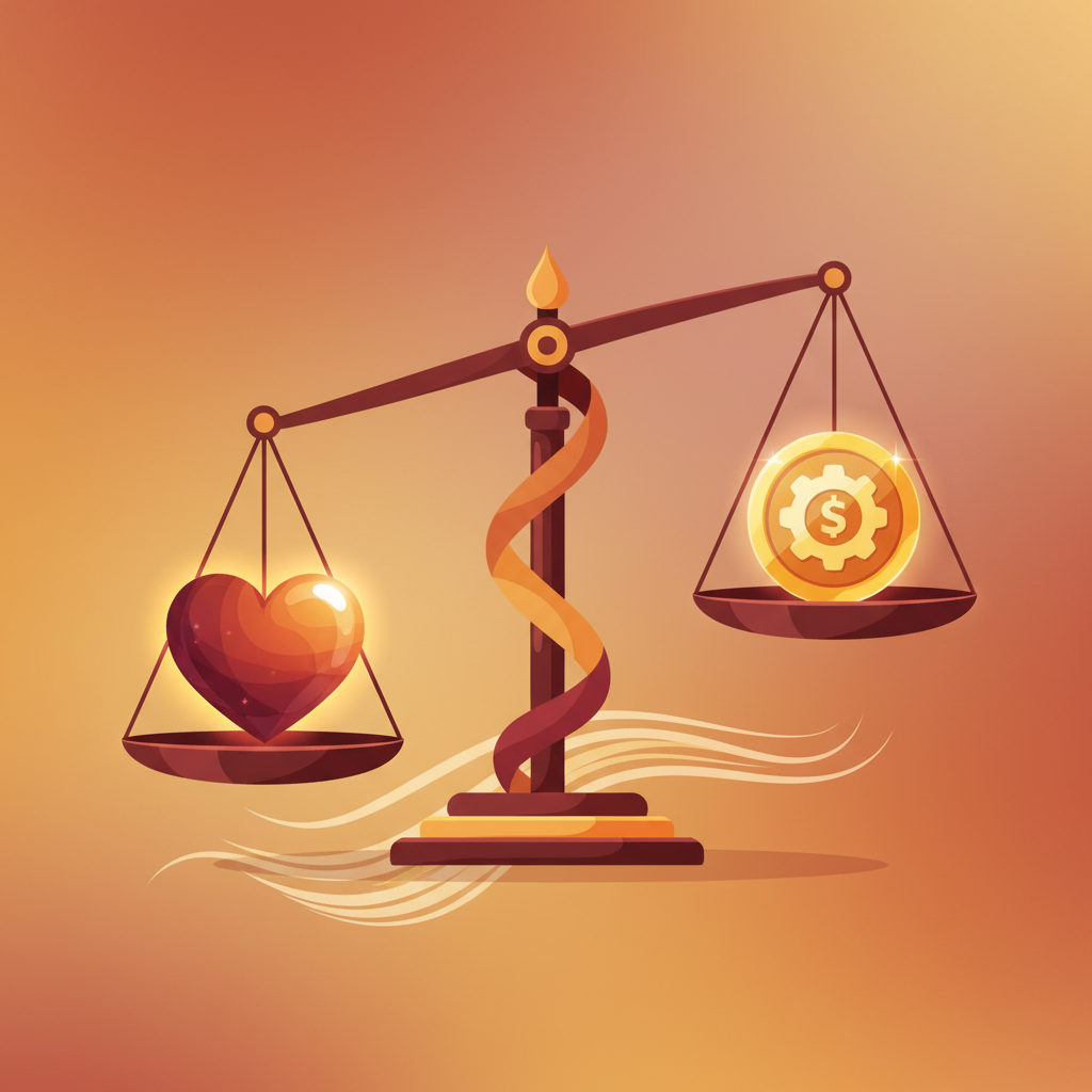 illustration of a balance scale with a heart on one side and a coin on the other, balanced, responsible business concept, warm colors