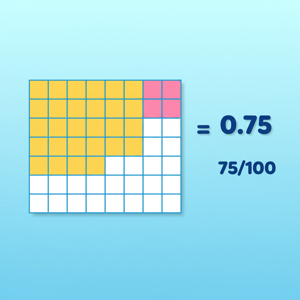 educational math illustration showing a 10x10 grid with some squares shaded to represent a decimal fraction, bright colors