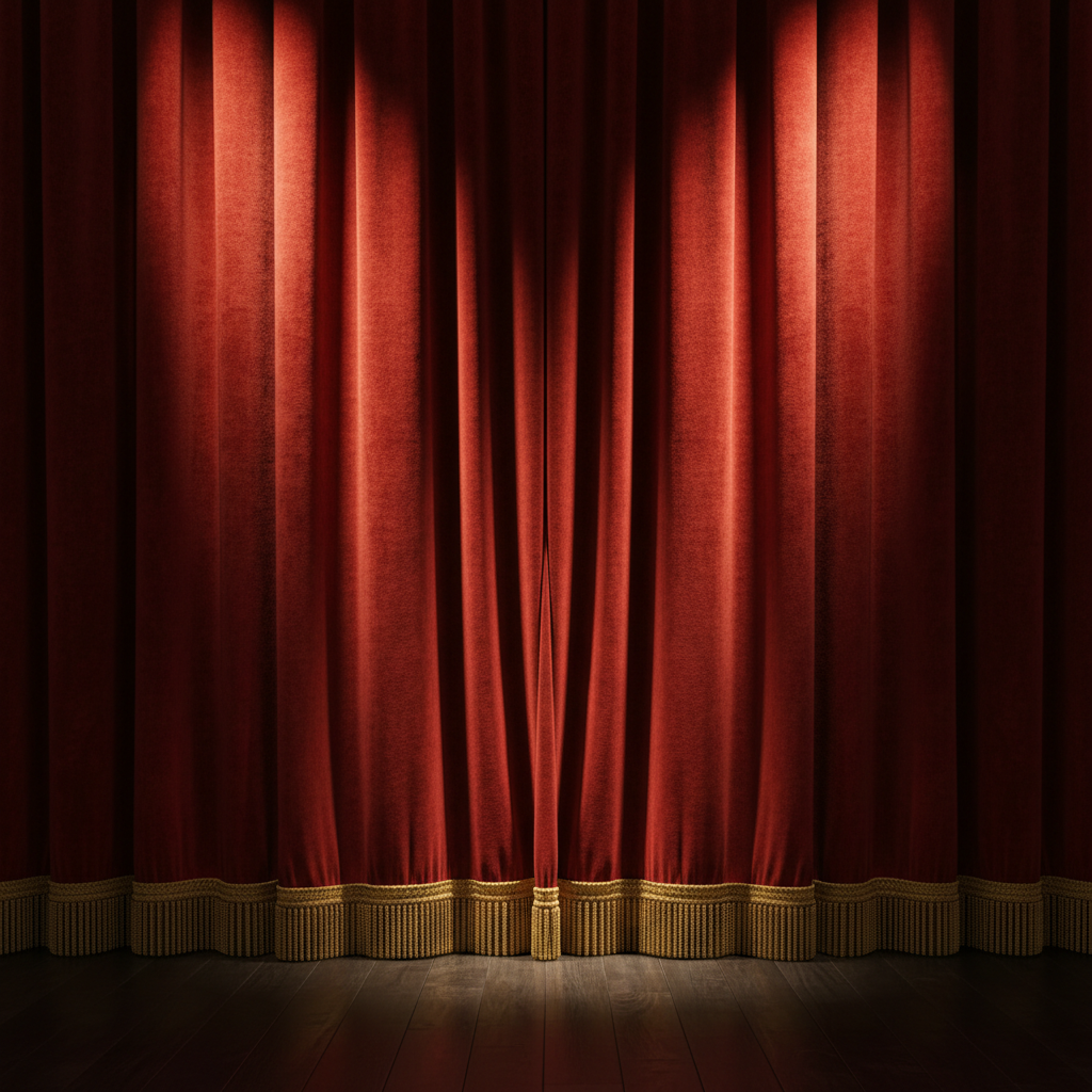 A red theatrical curtain closing, spotlit, realistic texture