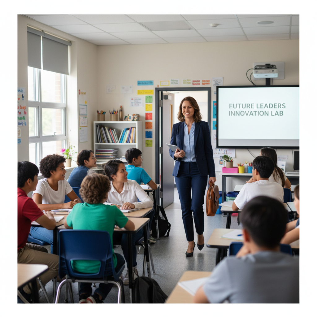 An external guest speaker entering a high school classroom, friendly and professional atmosphere, bright lighting