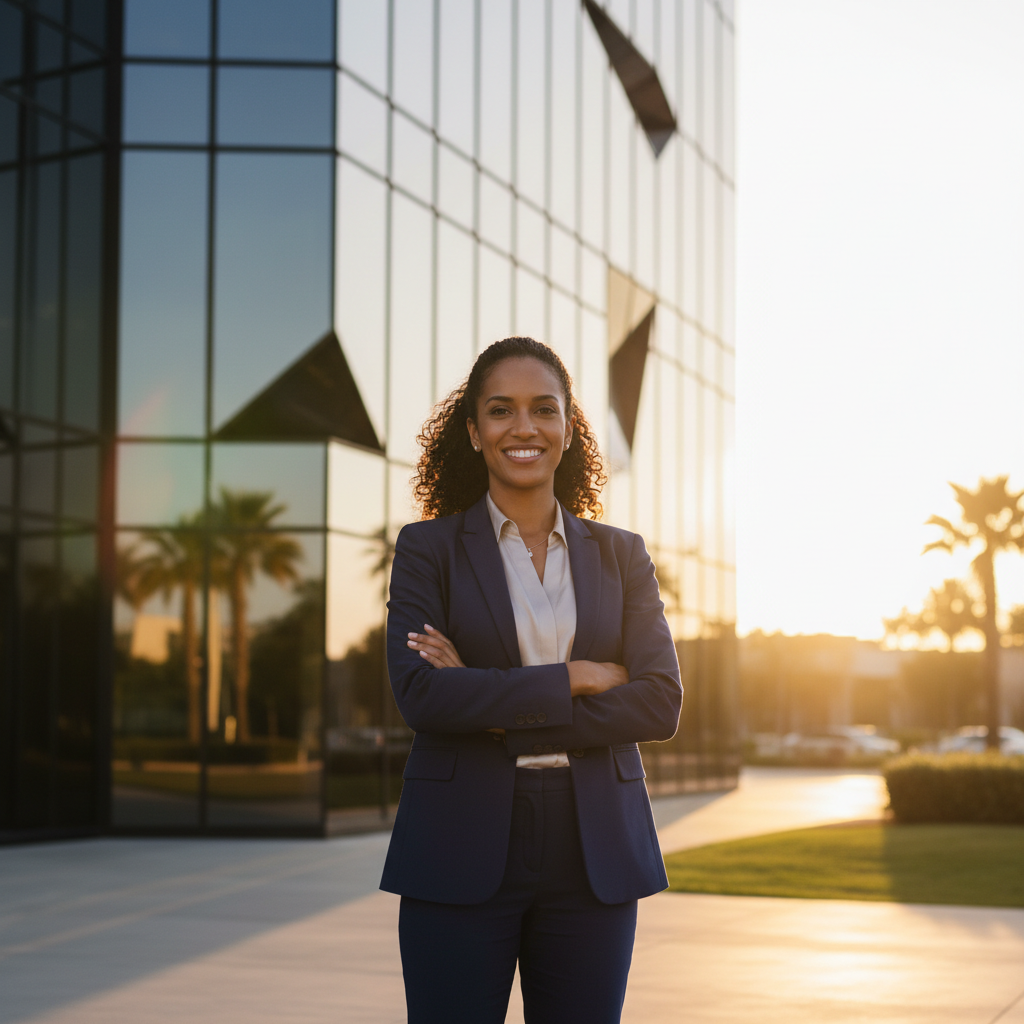 Portrait of a confident, diverse corporate leader standing in front of a modern glass office building, warm sunrise lighting