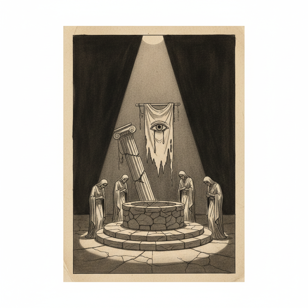 minimalist stage set design for a greek tragedy, dramatic spotlight, actors in neutral masks, sepia tone sketch