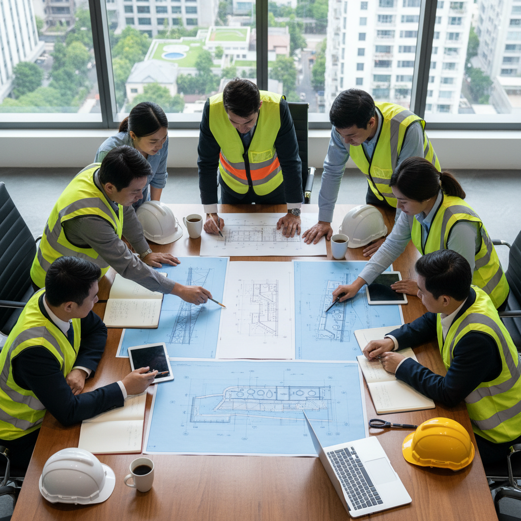 diverse engineering team meeting table, looking at blueprints, civil and environmental engineers collaborating, top view, professional