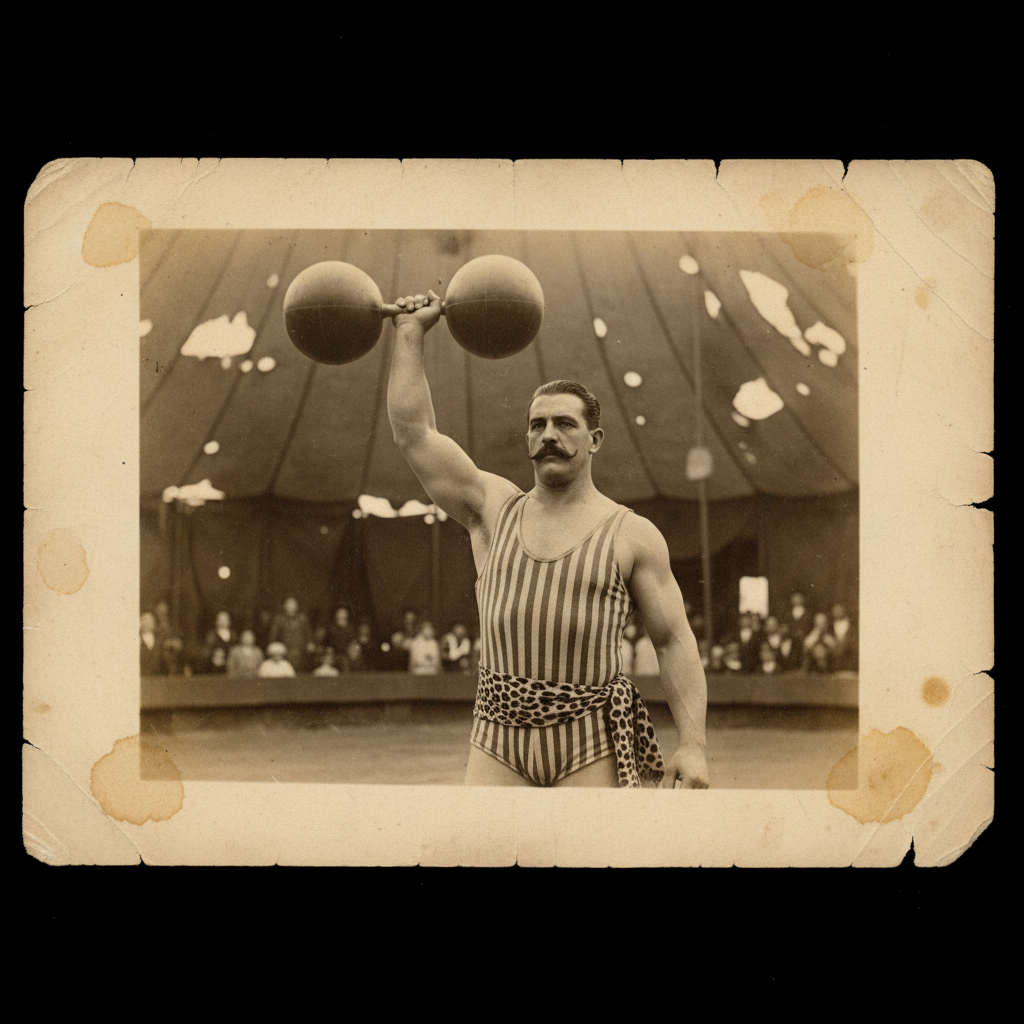 vintage circus strongman dumbbell sepia photograph old paper texture