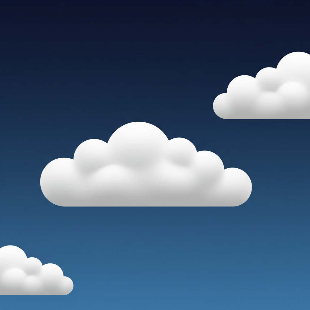 minimalist vector art of fluffy white clouds suspended in a dark blue sky, whimsical style, soft gradients